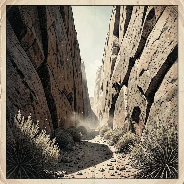 A narrow, dead-end slot canyon with towering granite walls and a dusty, sun-baked floor.