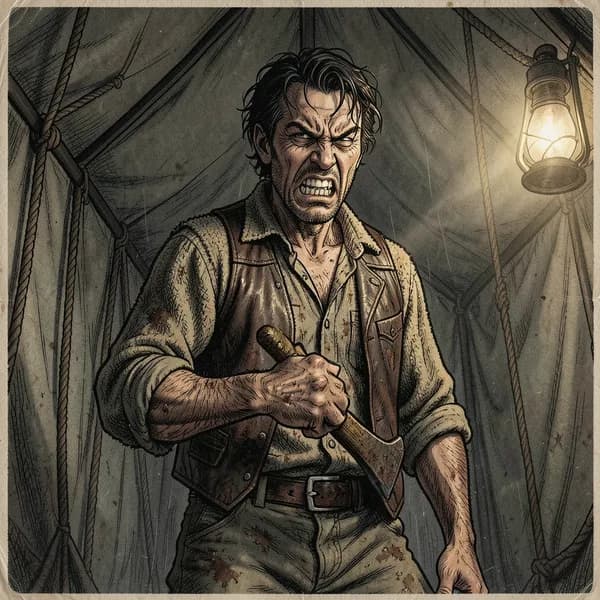 A rugged, angry man holding a rusted hatchet in the shadows of a tent.