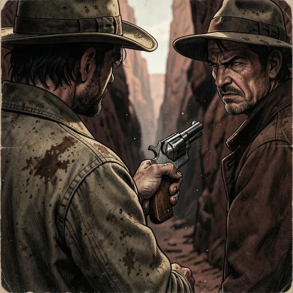 A man's hand hovers nervously over the worn walnut grip of a revolver, his face partially visible in the shadows.
