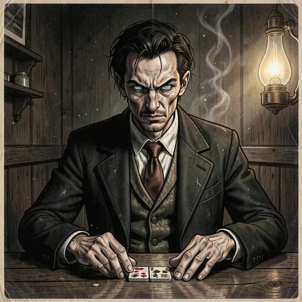 A gaunt, pale man with sharp eyes shuffles cards at a saloon table.