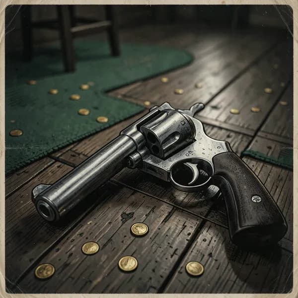 A heavy iron revolver resting on a dark wooden table near a stack of gold coins.