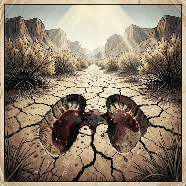 Deep boot-sole prints in dry, cracked earth with a dark bloodstain, set against a backdrop of sparse sagebrush.
