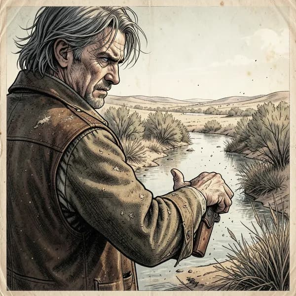 A weary man in a duster coat with his hand hovering over a worn holster, standing in a desolate wash.