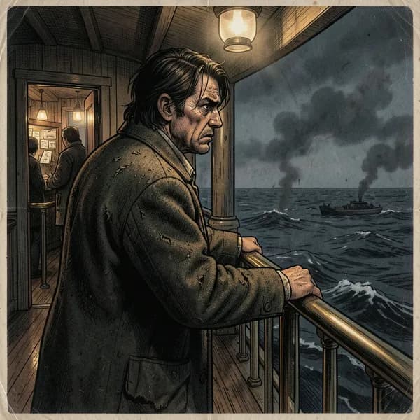 A disheveled man in a worn coat leans against a brass railing on a steamboat deck at night.