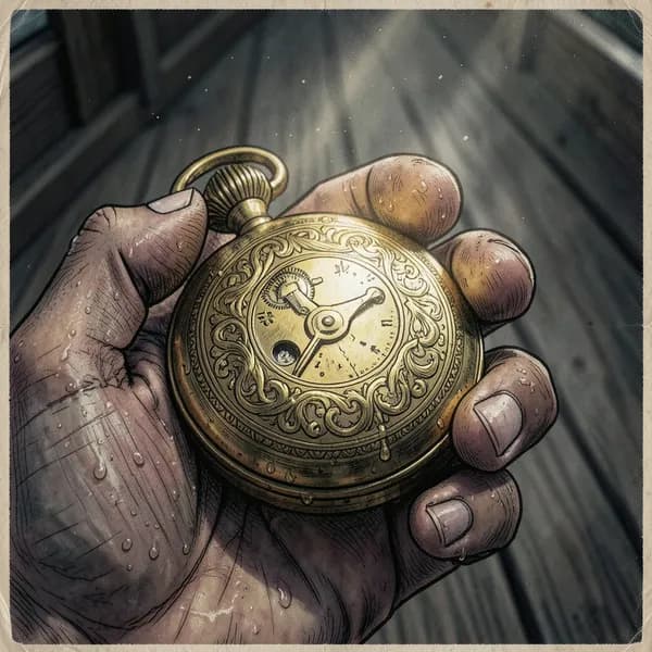 A close-up of a tarnished gold pocket watch held in a trembling hand.