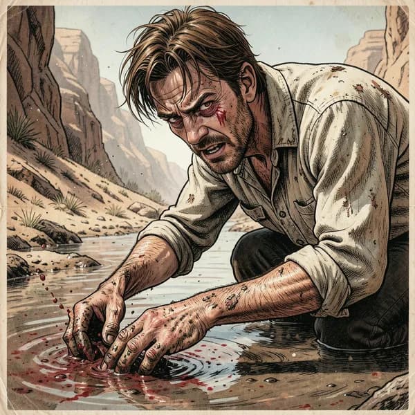 A desperate man sifting through mud in a creek bed with raw, dirty hands.