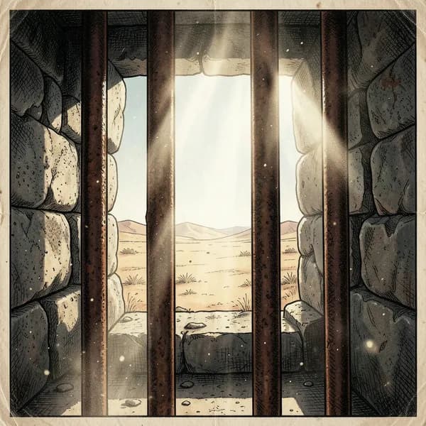 A close-up of rusted iron prison bars with a blurry, sun-scorched desert landscape visible through the gaps.