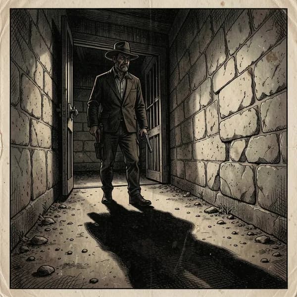 A long, ominous shadow of a guard with a revolver cast across the dirt floor of a prison corridor.