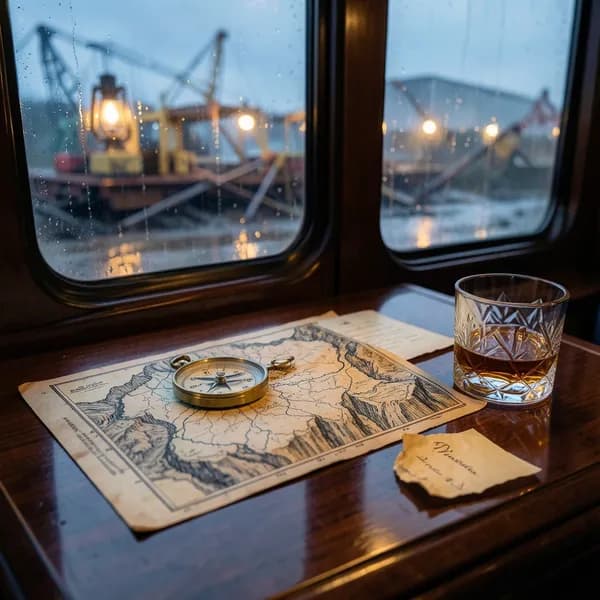 A mahogany desk inside a luxury train car with a map, a letter, and a whiskey glass.