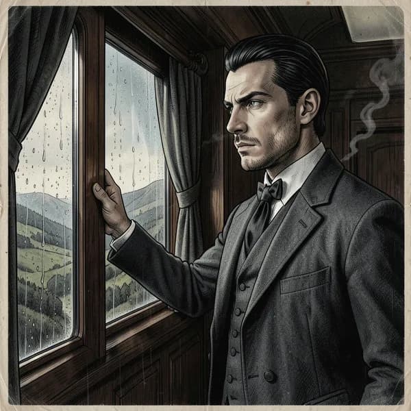A man in a charcoal frock coat looking out a train window with a cold expression.