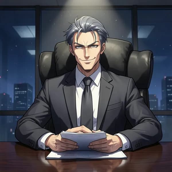 A middle-aged man in a sharp charcoal suit sitting in an executive chair with an arrogant smirk.