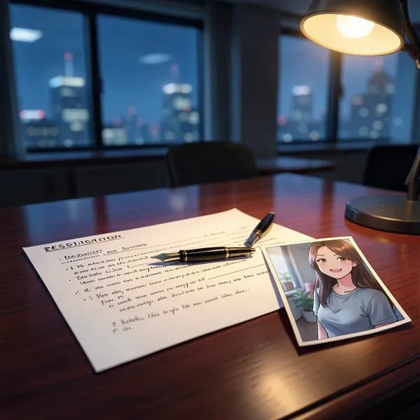 A close-up of a mahogany desk with a resignation form, a fountain pen, and a photograph.