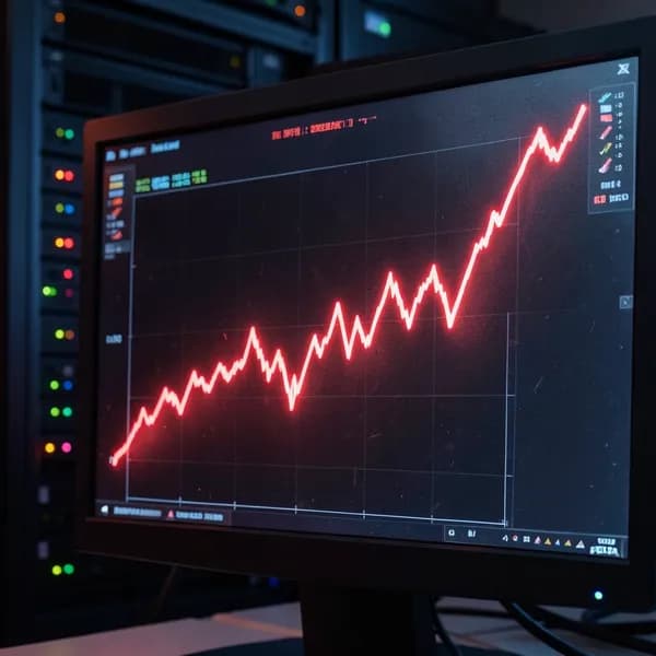 A close-up of a server room monitor displaying a jagged red line graph plummeting toward zero, indicating a critical system failure.