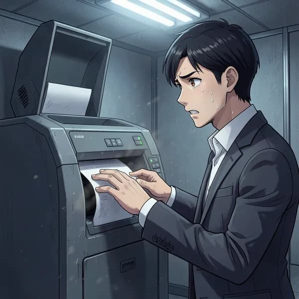 A nervous young man in a suit stands before an industrial shredder in a dark office.