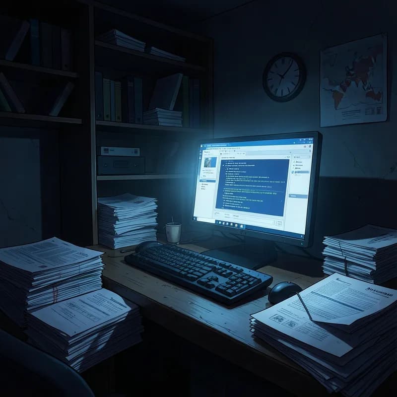 Virtual Meeting Workplace Fiction interactive story — atmospheric illustration