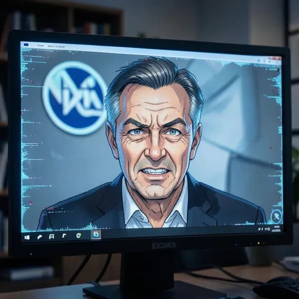 A computer monitor displaying a glitching video call with a man's face frozen in a distorted, pixelated grimace.