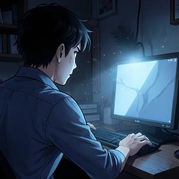 A man sitting at a desk, looking at his screen with an expression of intense anxiety, hand hovering over the mouse.