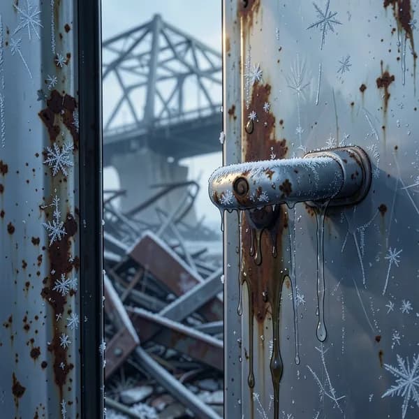 A close-up of a rusted, grease-slicked truck door handle covered in frost against a blurred bridge background.