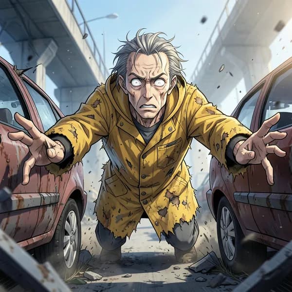 A figure in a shredded raincoat lunging forward through a gap in the bridge wreckage.