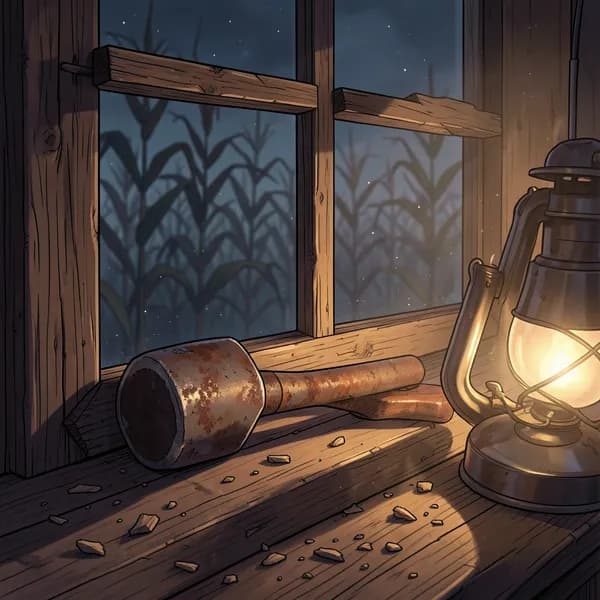 A close-up of a heavy hammer resting on a splintered wooden windowsill with a rough plank nailed across the frame.