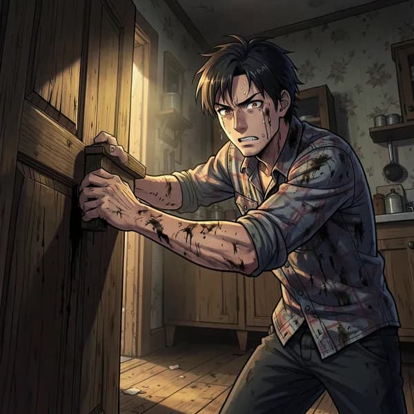 A weary man with a grease-stained face pushes a heavy oak table against a door, looking desperate.