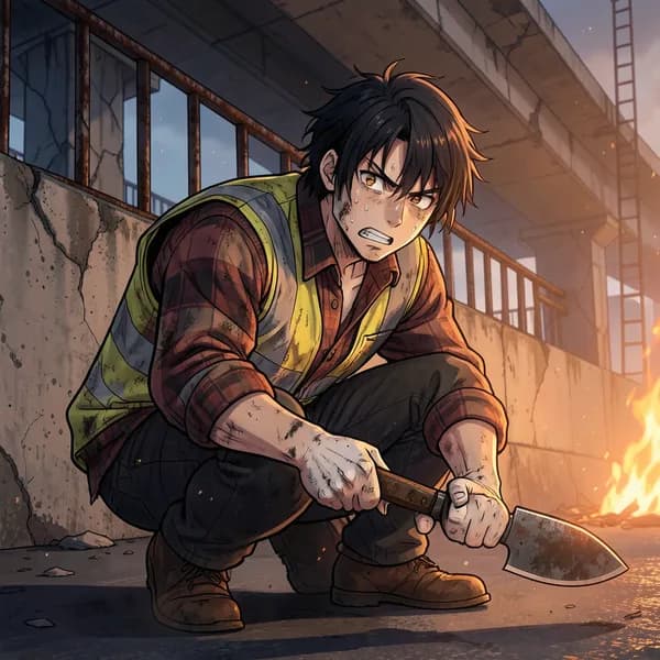 A man in a worn construction vest grips a rusted machete, looking toward a ladder with intense focus.