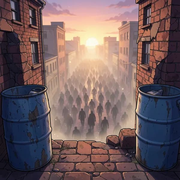 A blue plastic water barrel sits precariously on a neighboring rooftop, separated by a dangerous gap from the viewer.