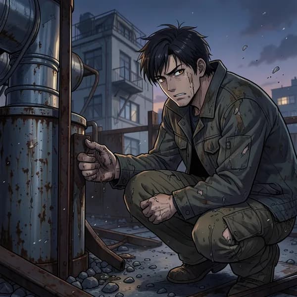 A man with oil-stained hands crouches behind rusted metal ducting on a rooftop, looking out with a calculating expression.