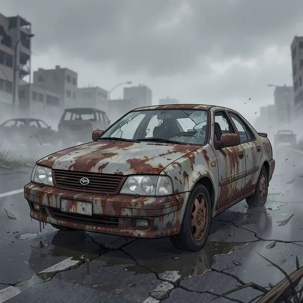 A rusted, abandoned sedan sits on a cracked highway, surrounded by the debris of a collapsed society.