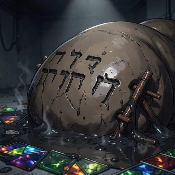 A close-up of the Golem's massive, hunched shoulder showing wet clay and rusted rebar in a dark, debris-filled basement.