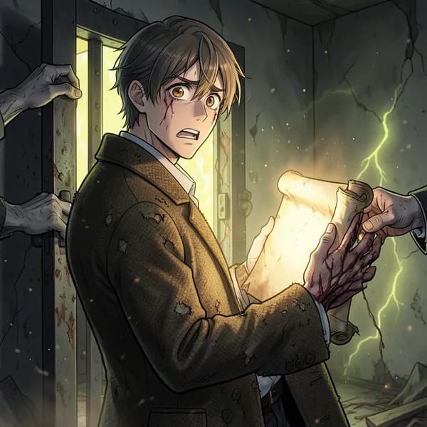 A terrified academic holding a glowing scroll while a heavy door breaks open behind him.