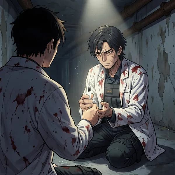 A weary medic kneeling on a concrete floor, holding a syringe with trembling hands in a dark tunnel.