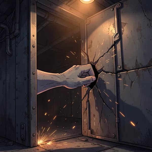 A heavy steel bulkhead door buckling inward with a necrotic finger pushing through a crack.