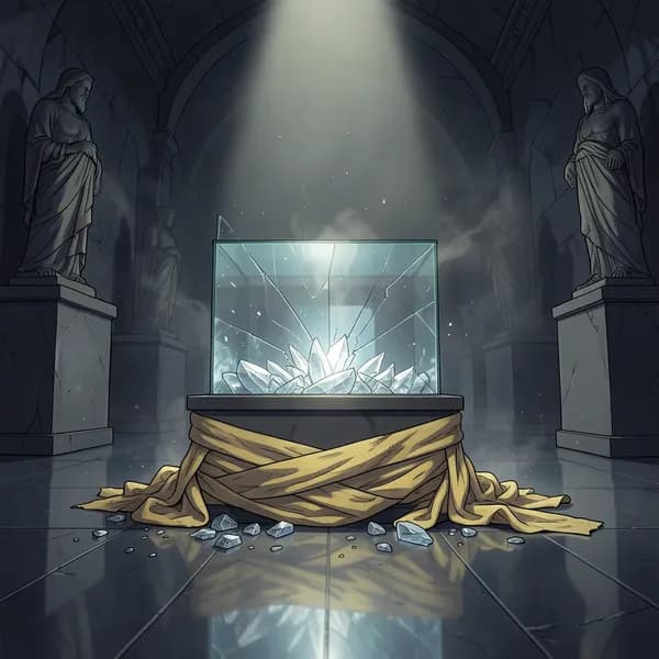 Shattered glass display case on a museum floor with pulsing, yellowed linen bandages tangled underneath the broken silica shards.