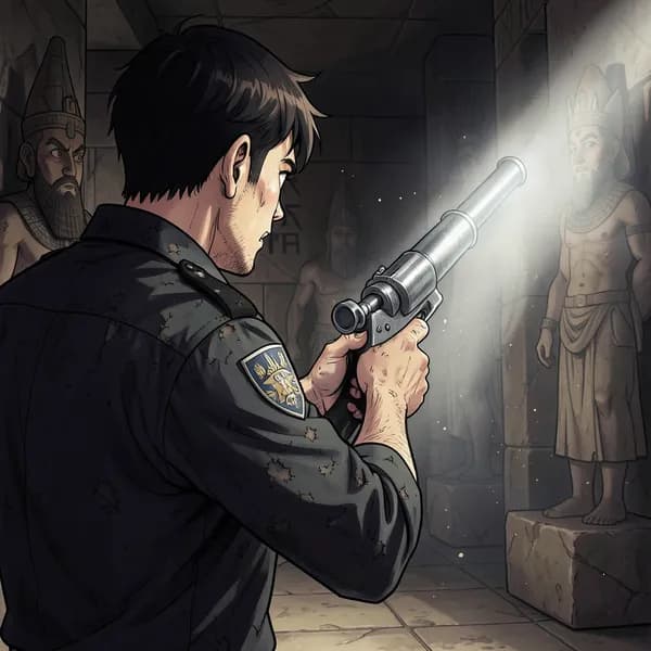 A male security guard in a worn uniform holding a shotgun with trembling hands in a dark museum hall.