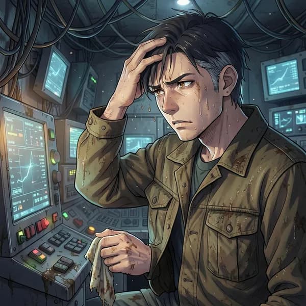 A weary man in a utility jacket wiping sweat from his forehead in a bunker.
