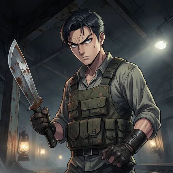 A rugged man in scavenged tactical gear holding a rusted machete in a dark subway station.