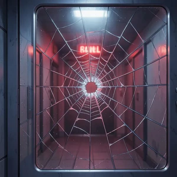A close-up of a cracked, reinforced glass window on a heavy steel door, showing spider-web fractures.
