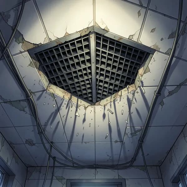 A ventilation grate in a laboratory ceiling that has been pried open, casting an ominous shadow.